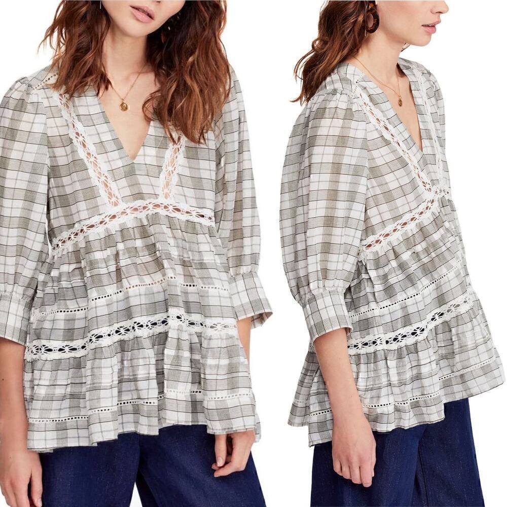 Free People Oversized Grey White Plaid Print Lace Inset Tunic Size Medium